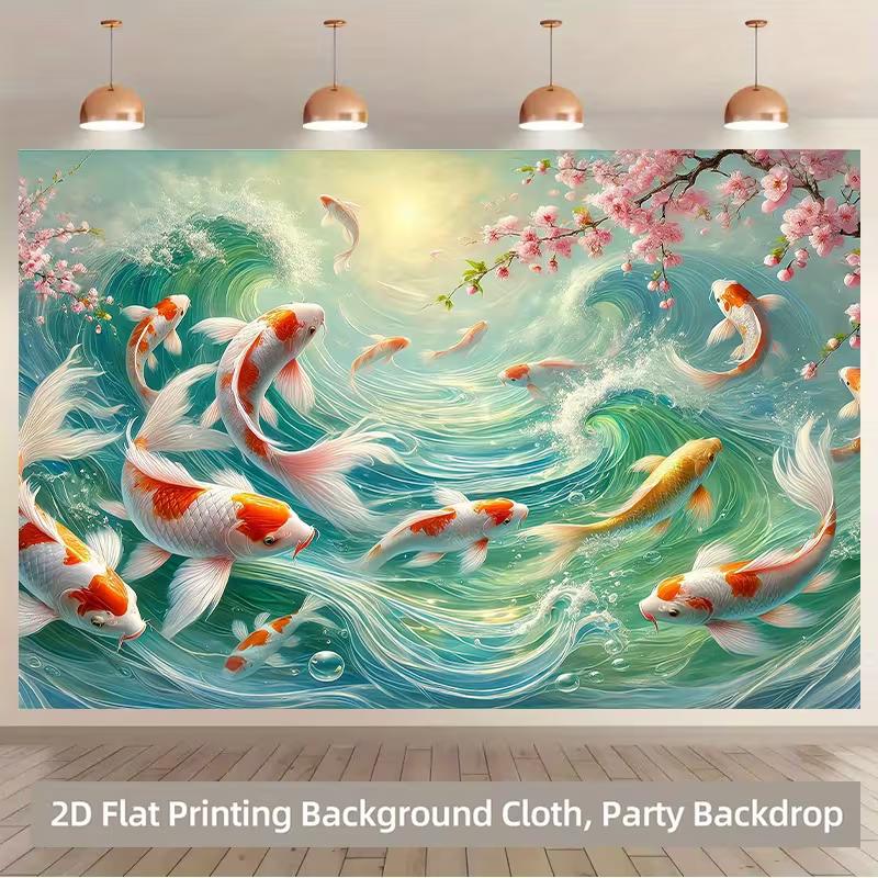 2D Printed Lucky Koi Backdrop Sakura Flowers Turquoise Water Party Photo Booth Background