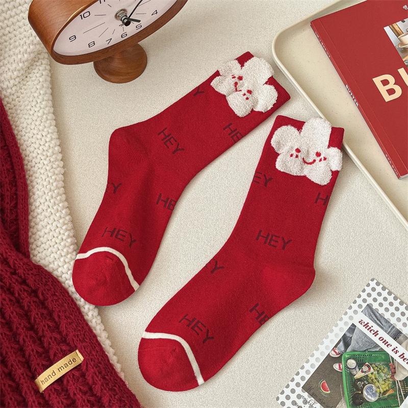 

Большие красные новогодние носки без костей с изображением знака зодиака года, детские носки с бантом из деревянной ткани с ушной раковиной, модные носки средней длины на удачу