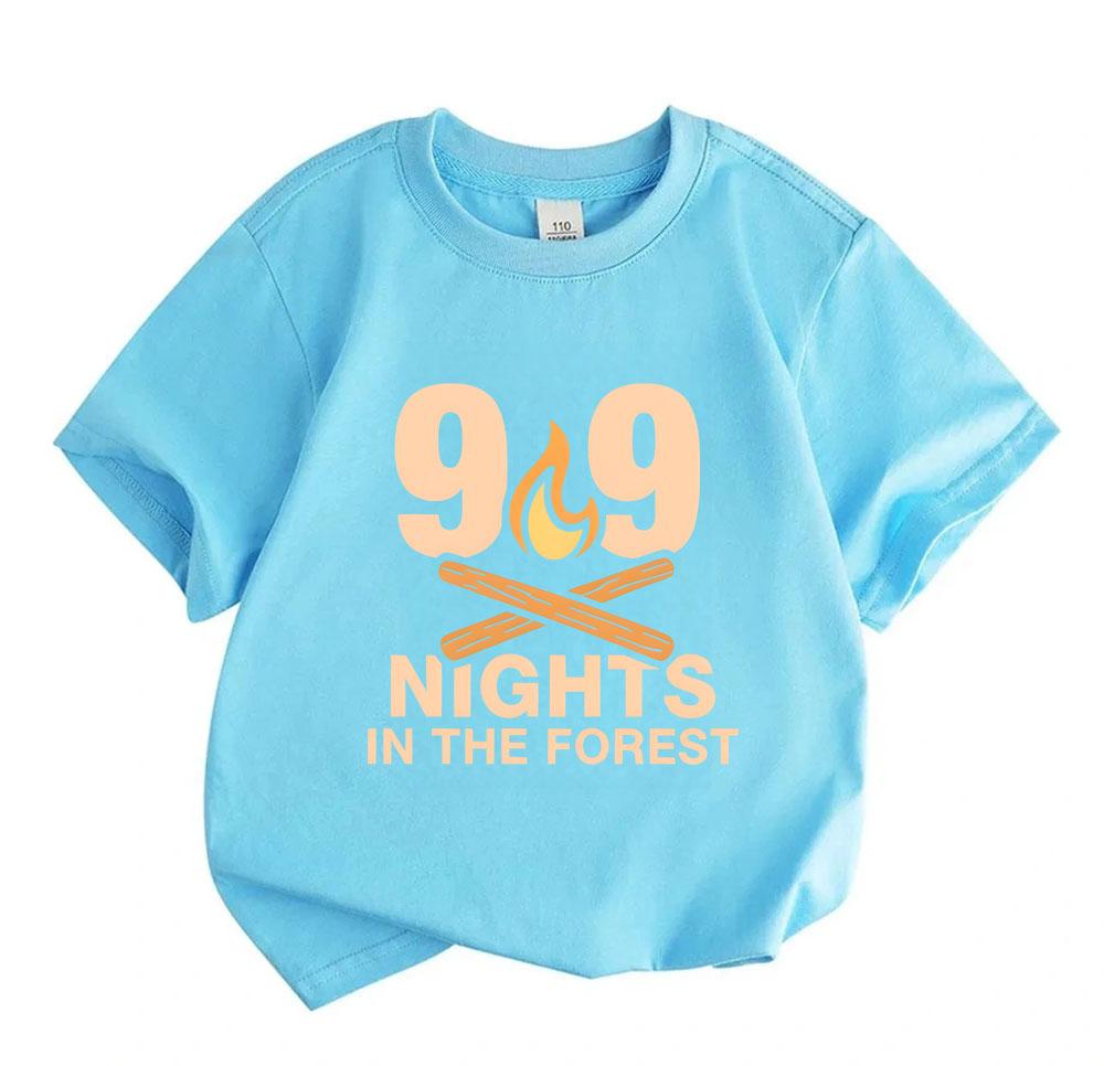 Kids Boys Girls 100% Cotton Crew Neck Short Sleeve T-Shirt, 99 Nights In The Forest Campfire Print Casual Soft Tee for Camping Trip Daily Wear