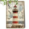 Vintage Lighthouse Tin Sign with Sea Birds Nautical Retro Metal Wall Art for Beach House Decor Coastal Ocean Theme Rustic Tin