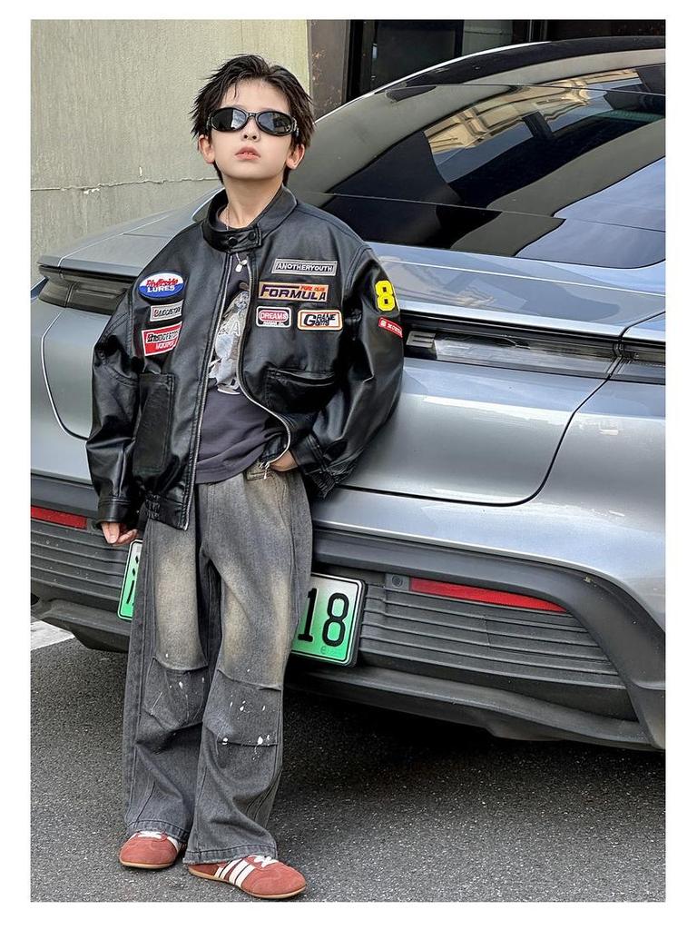 Herbst 2025 Trendige Jungen-Jacke aus besticktem PU-Leder - Retro-Stil-Unisex-Oberbekleidung