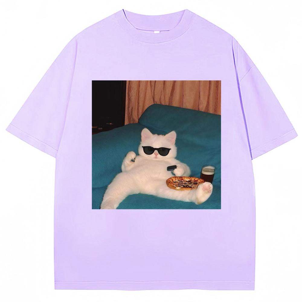 Funny Glasses Cat and Pizza Meme Tshirt Unisex Women Creativity Fashion Kawaii T Shirts Loose Cotton Casual Tees Cat Lovers Gifts