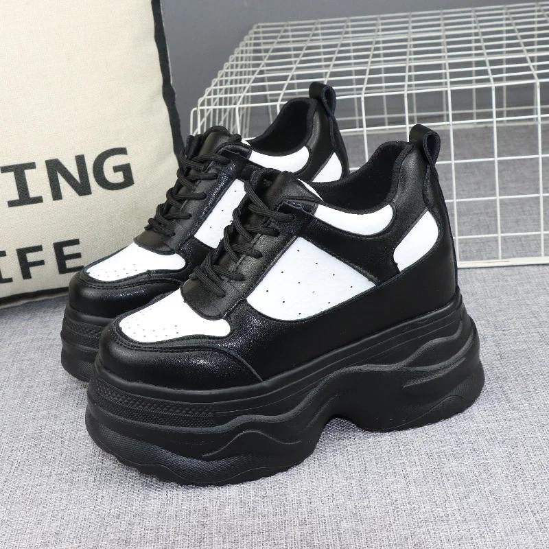 Fashion 12CM Platform Wedge Sneakers Chunky Shoes Genuine Leather for Women Summer Shoes Spring Autumn Walking Sneakers Fashion