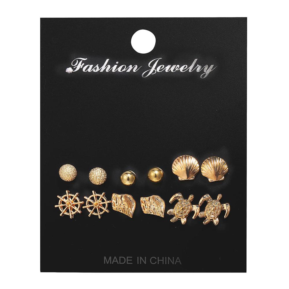 6 pairs/Set Simple Alloy Retro Shell Feather Fashion Earrings Set