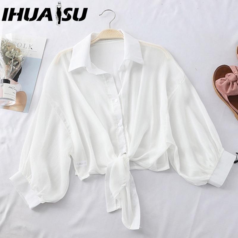 

IHUASU Женская Мода Повседневные Однотонные Блузки и Рубашки с Принтом и Длинным Рукавом и Воротником ПОЛО S белый