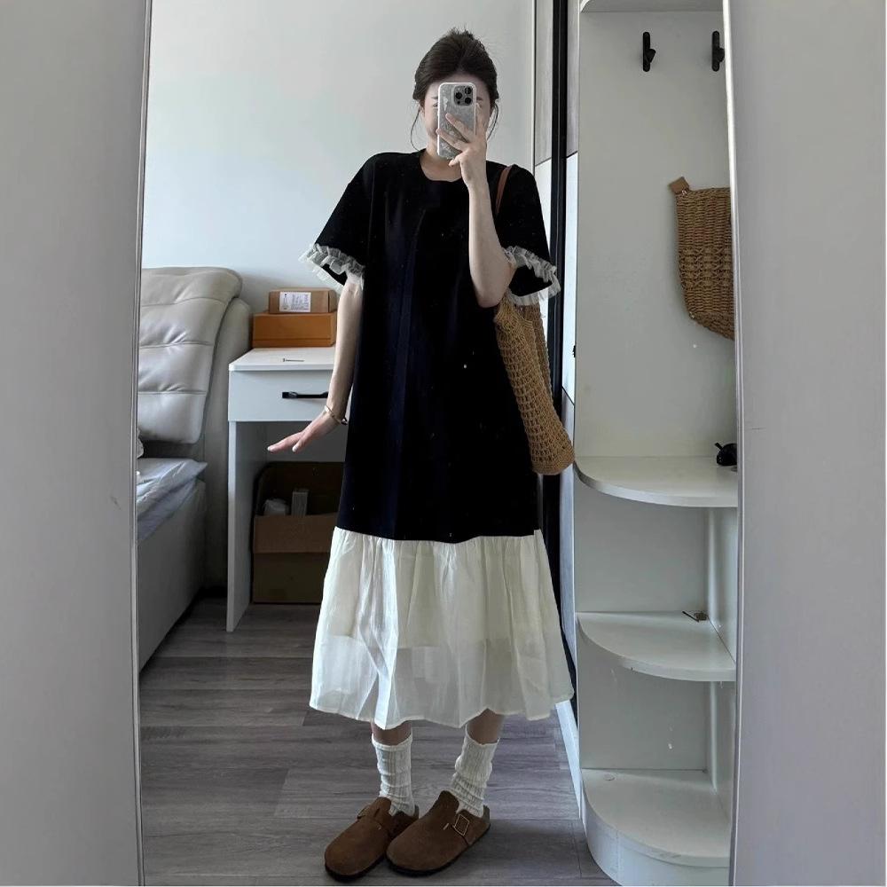 Loose and slightly fat, covering the meat and showing thinness, long dress for women's summer new black long knee T-shirt skirt