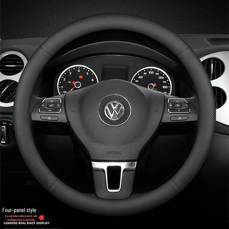 Volkswagen Steering Wheel Cover: Genuine Leather, Sweat-Absorbent, Universal Fit, Non-Slip, for Lavida, Sagitar, Magotan, Tayron, CC, T-Roc, Tiguan