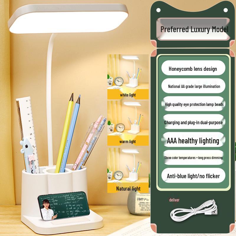 "Multifunctional Desk Lamp with Eye Protection, Touch Dimming, Reading Light, Pen and Phone Holder, and Dormitory Charging"