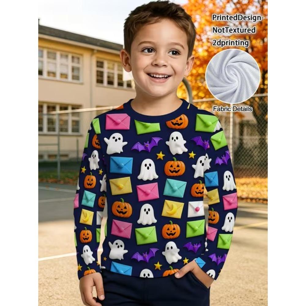 Kids Crew Neck Long Sleeve T‑Shirt, Cartoon Animal 3D Print Casual Loose Halloween Party Daily Wear Tops for Children