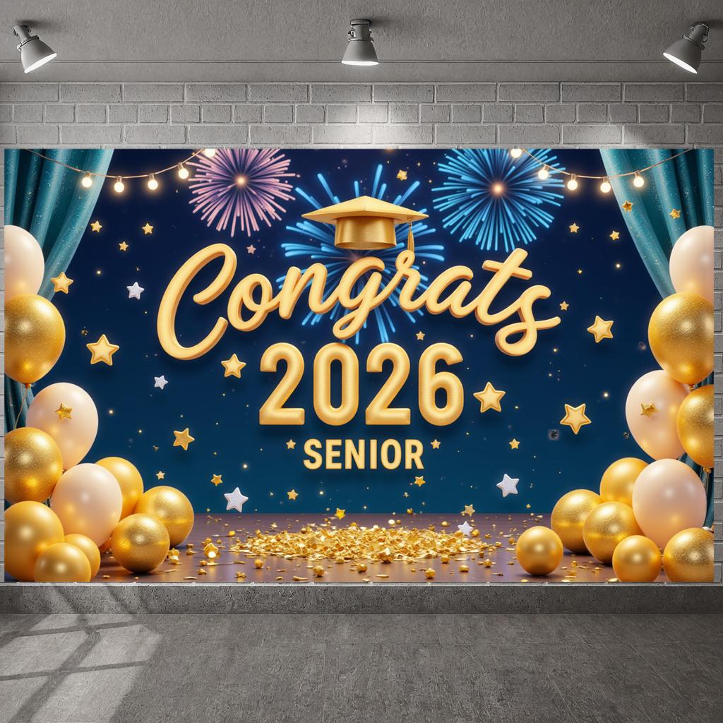 2026 Grad Background Star Decor Grad Event Display Graduation Banner Firework Design Senior Celebration Banner For Senior Indoor