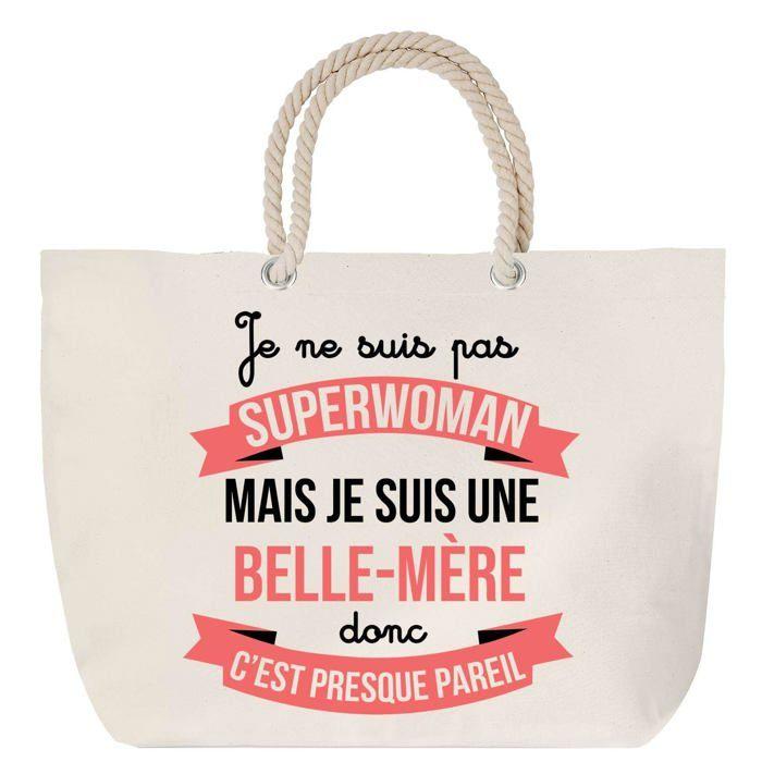 Sac de plage - PLANETEE - Belle-Mère Superwoman - Anse corde - Coton naturel - Imprimé en France