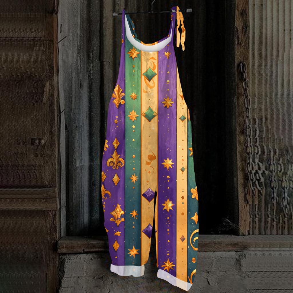 Women's Casual Jumpsuit Sleeveless Carnival Mask Print Loose Retro Overalls Jumpsuit