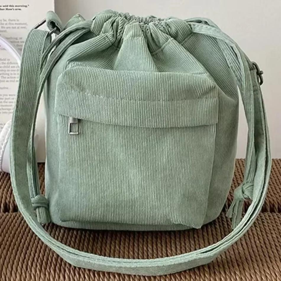 1Pcs New Corduroy Drawstring Drawstring Bag for Women Fashionable Retro Versatile Student Crossbody Bag Simple Canvas Bucket Bag