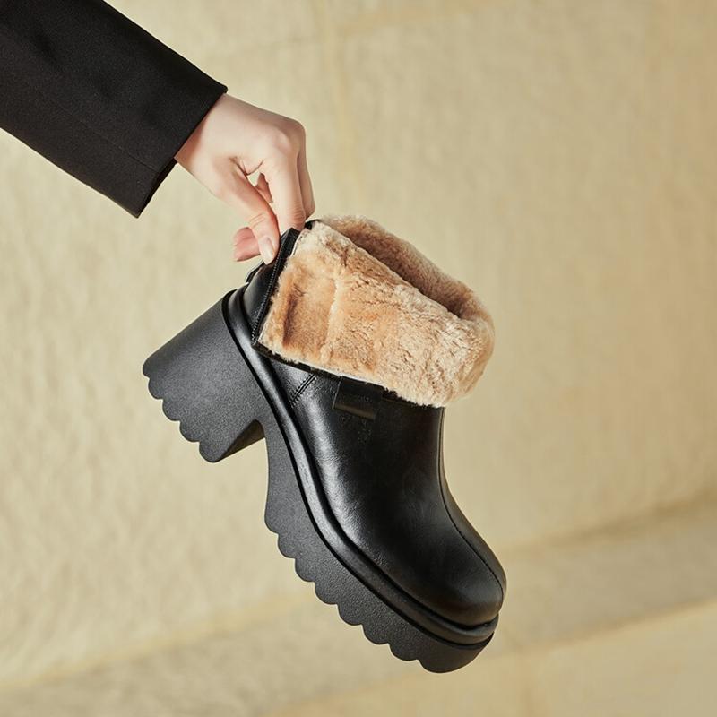 Fashion NEW Winter Women Boots Split Leather Shoes for Women Round Toe Chunky Heel Shoes Casual Zip Platform Shoes Warm Wool Snow Boots