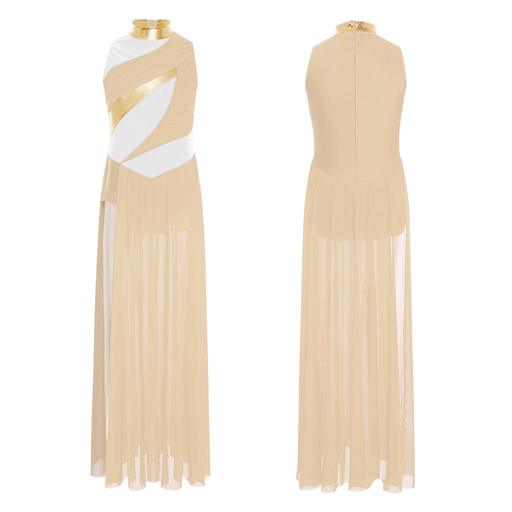 Zeitgenössisches Tanzkleid für Mädchen: Hoher Kragen mit gerafftem Netz-Oberteil, Seitenschlitz & Colorblocking-Design für Bühnenauftritte