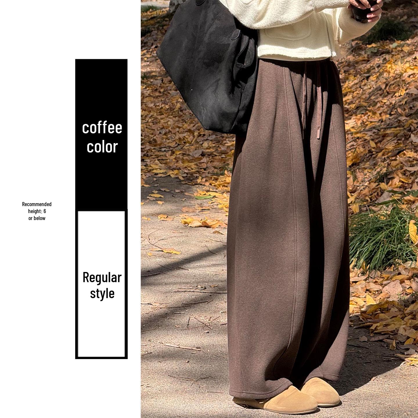 Coffee Plush Velvet High Waist Curved Leg Wide-Leg Pants for Women - Autumn/Winter 2025 Collection S