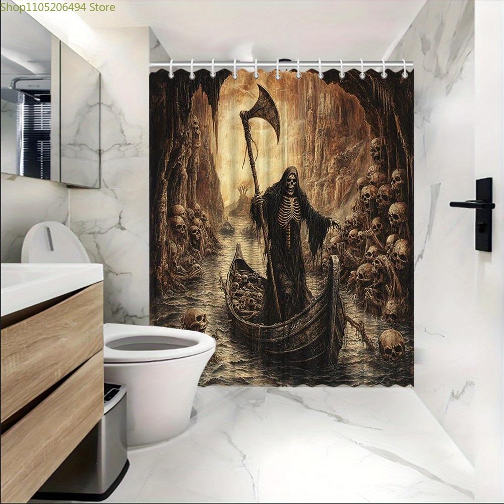 1pc Gothic Medieval Castle & Knight Shower Curtain - Dark Fantasy Theme with Knights, Dragons, Castles & Skulls - Heavy-Duty 1