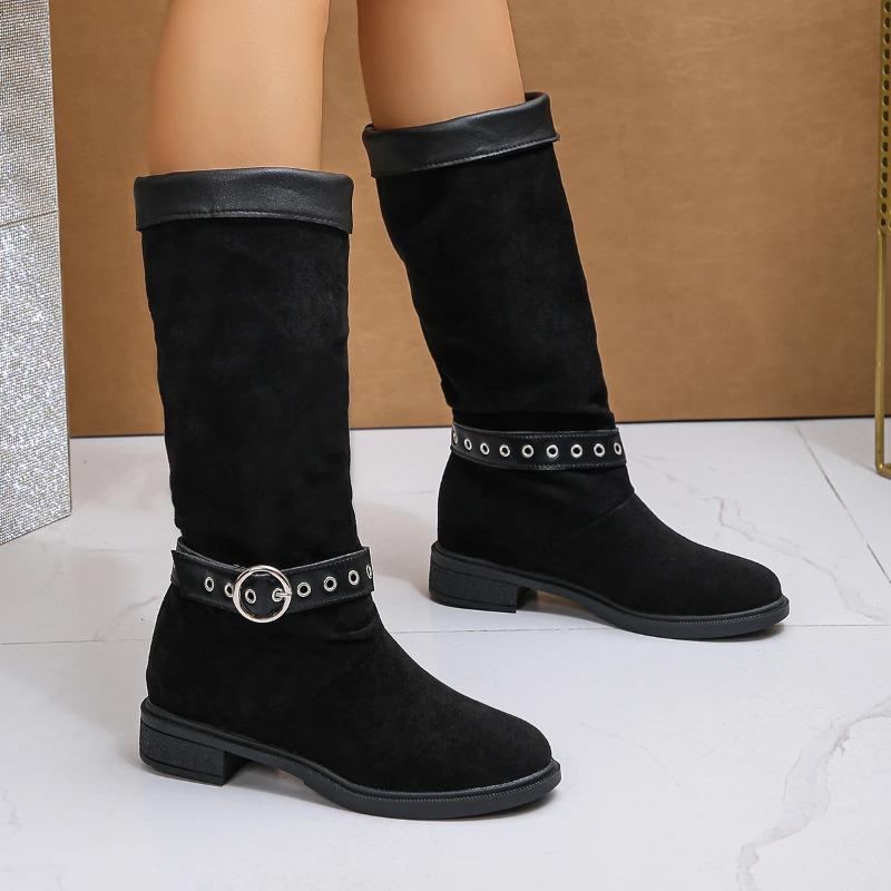 Mode Damen Wildlederstiefel Neu Winter Retro Runde Zehe Damenstiefel Bequemer Mittelhochabsatz Gürtelschnalle Damen Stiefeletten Übergröße 41 42