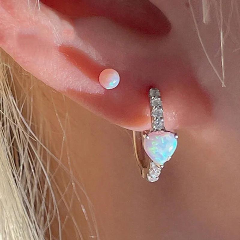 Y2K Heart-Shaped  Color Imitation Opal Hoop Earrings For Women Exquisite Huggies Daily Party Accessories Trendy Jewelry