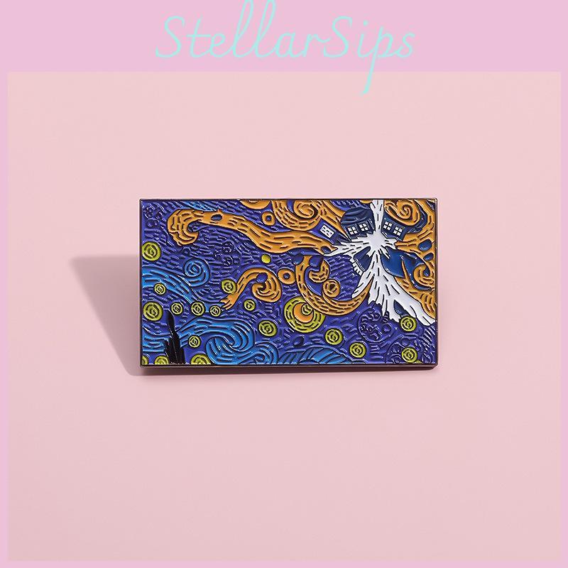 Abstract Oil Painting Inspired Van Gogh Starry Night Cartoon Style Brooch For Unique Fashion Statement