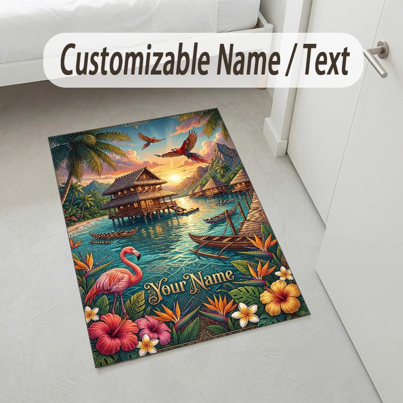 Tropical Leaves Theme Soft Crystal Velvet Rug Custom Name & Text Print Non Slip Floor Rug for Bedroom Living Room