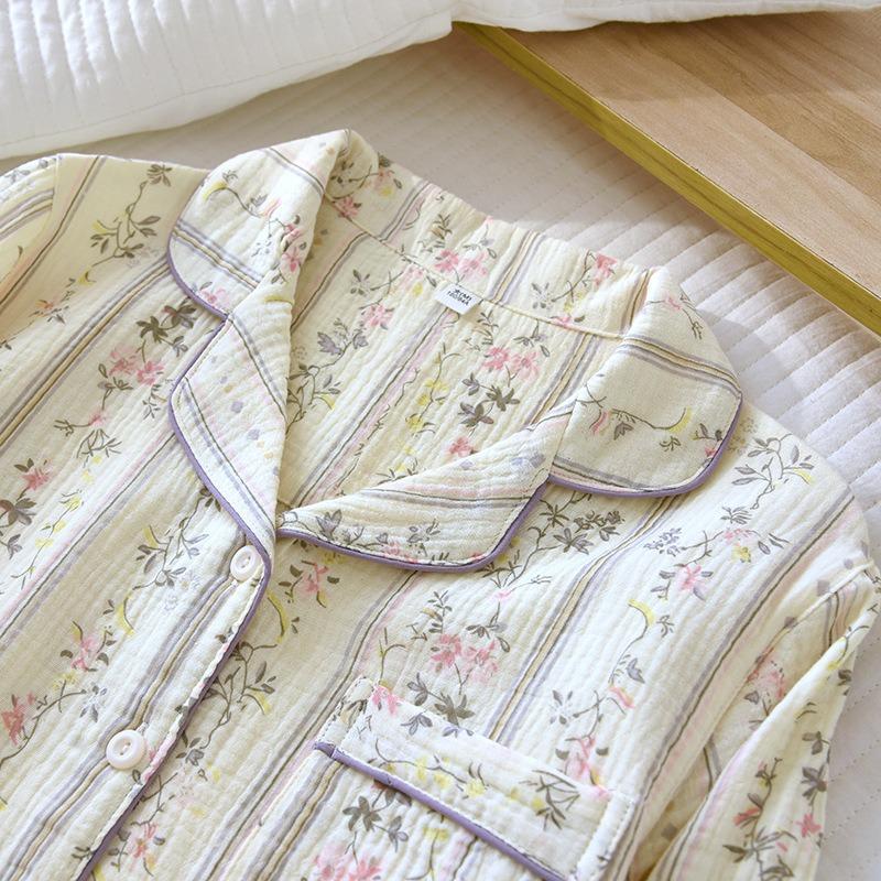 2026 New Women's Spring and Autumn Pajama Set 100% Cotton Crepe Soft Thin Long Sleeve Long Pants Home Clothes Two Piece Set