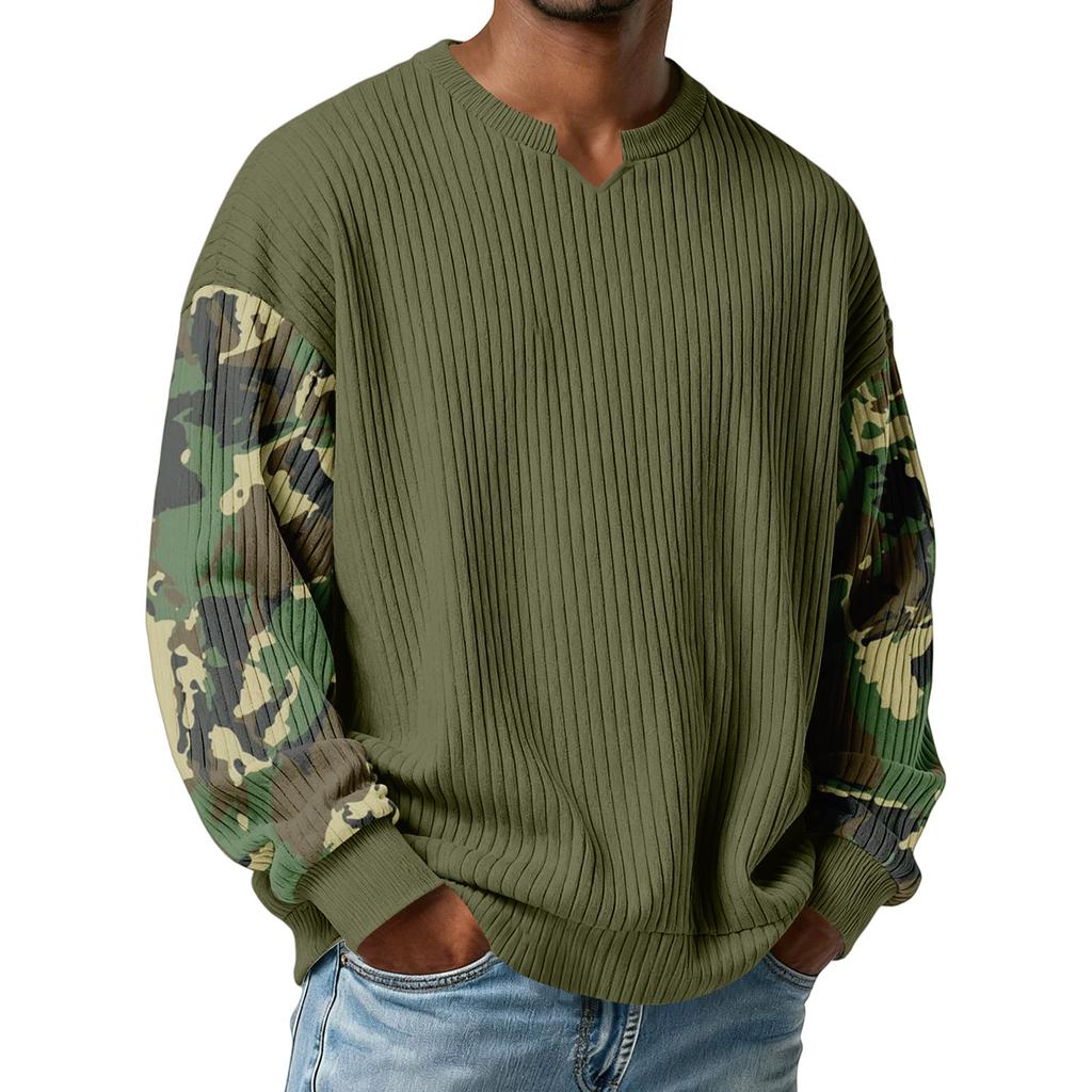 Men's Camouflage Stylish V-Neck Ribbed Textured Long-Sleeve T-Shirt