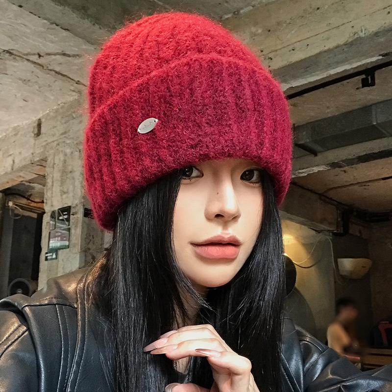 Blue wool hat women's autumn and winter versatile face small knitted hat big head circumference cold and warm bag head hat