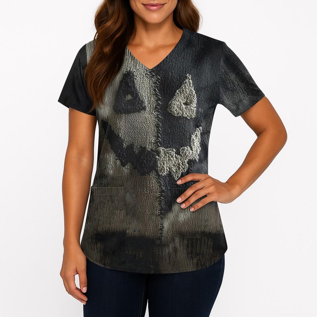 Women's Printing Uniform Work Uniform V-neck Pockets Basic Short Sleeve Pullover Top