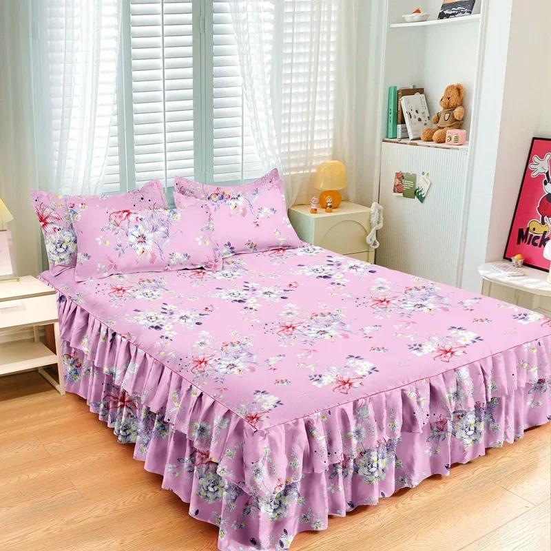 Nordic Floral Queen Bed Skirt Without Pillowcase Double Single Mattress Cover Anti-slip Full Size Adjustable Bedspread 360°Warp