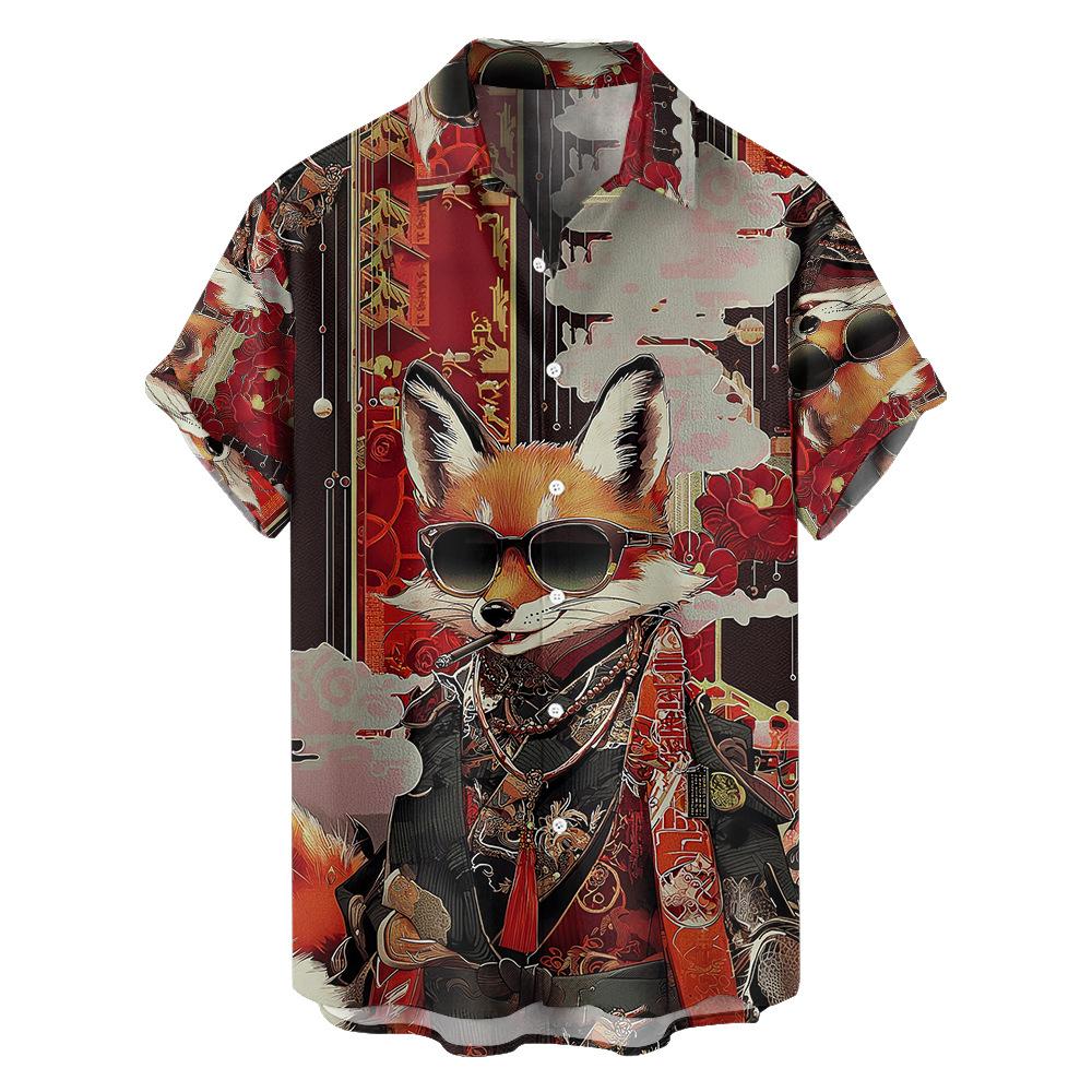 

Cross-border Ukiyo-e Illustration Elements Summer New Large-size Men s Casual Fashion Digital Print Short-sleeve Shirt S