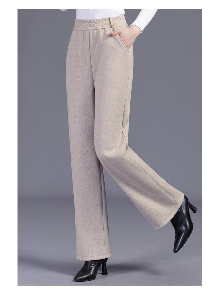 2025 Autumn/Winter Women's Solid Elastic Waist Straight-Leg Pants, Plus Velvet Thickened for Warmth, Ideal for Middle-Aged Mothers