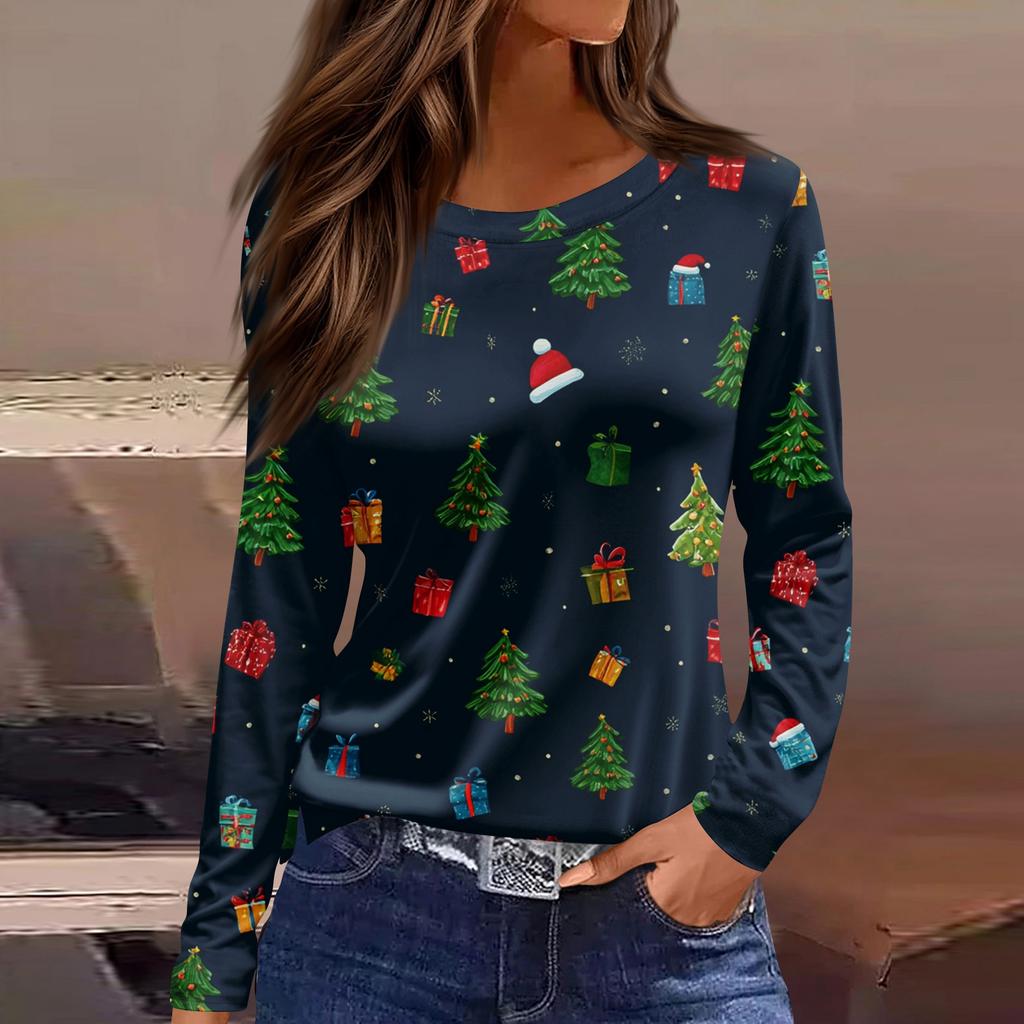 Women's Fashion Casual Slit Hem Round Neck Long Sleeve Loose Christmas Printed T-Shirt Ladies Top