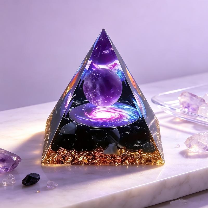 Natural Orgone Pyramid with Galaxy Design Amethyst Sphere Obsidian Filling for Meditation Gift Living Room Decor