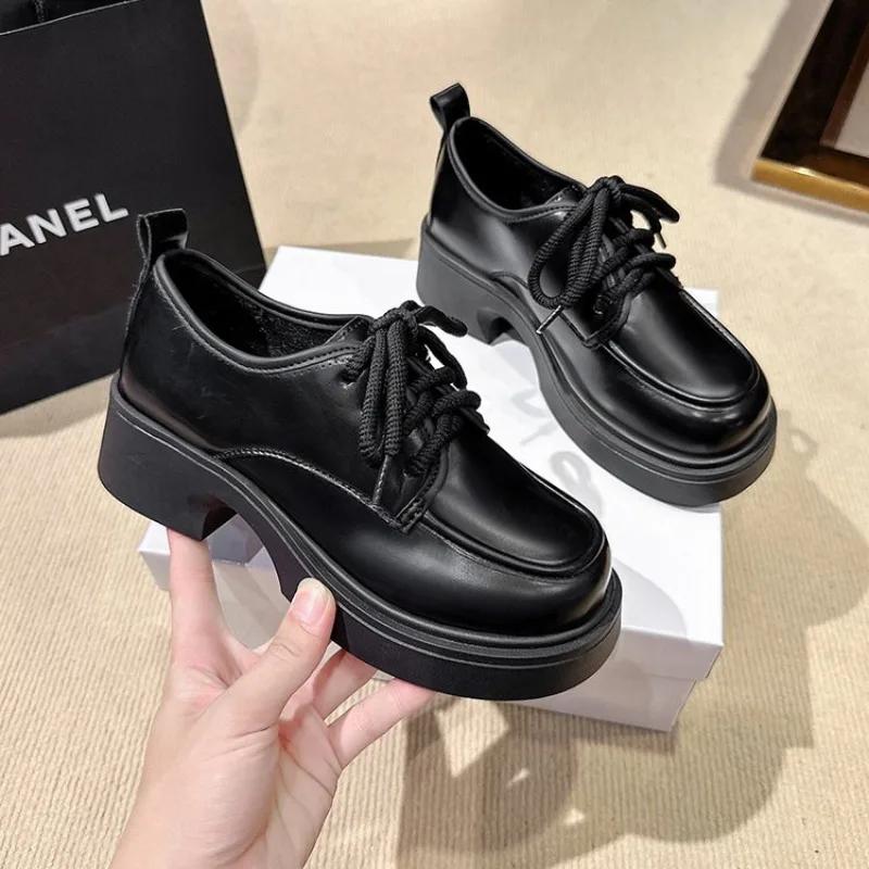 Solid Leather Oxford Shoes for Women Fashion Lace Up Women Shoes Square Mid Heels Platform Shoes Zapatos De Mujer