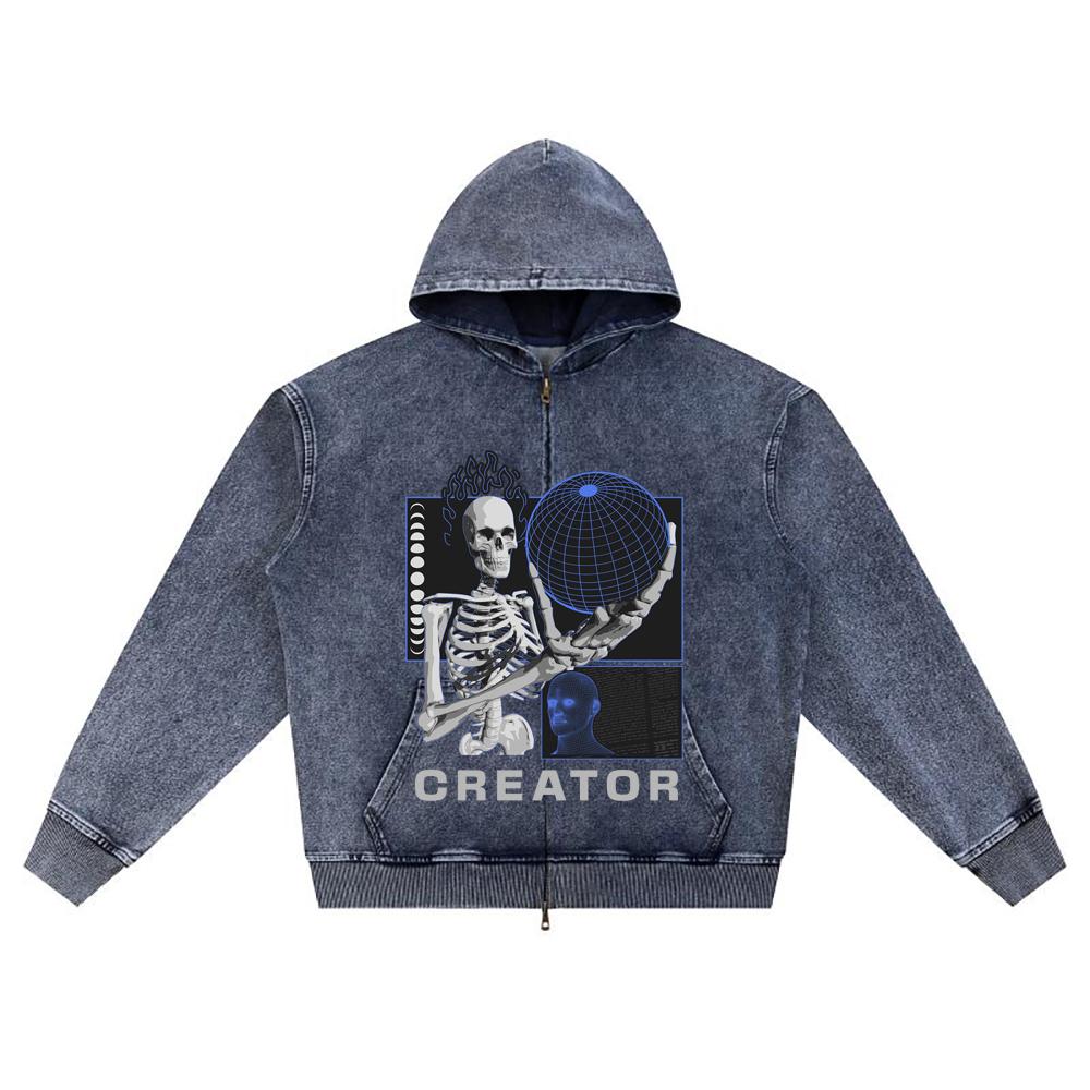 

DTG print Knitted Denim Zip-Up Hoodie Creator Brother Print Zipper Hoodies XL темно-синий
