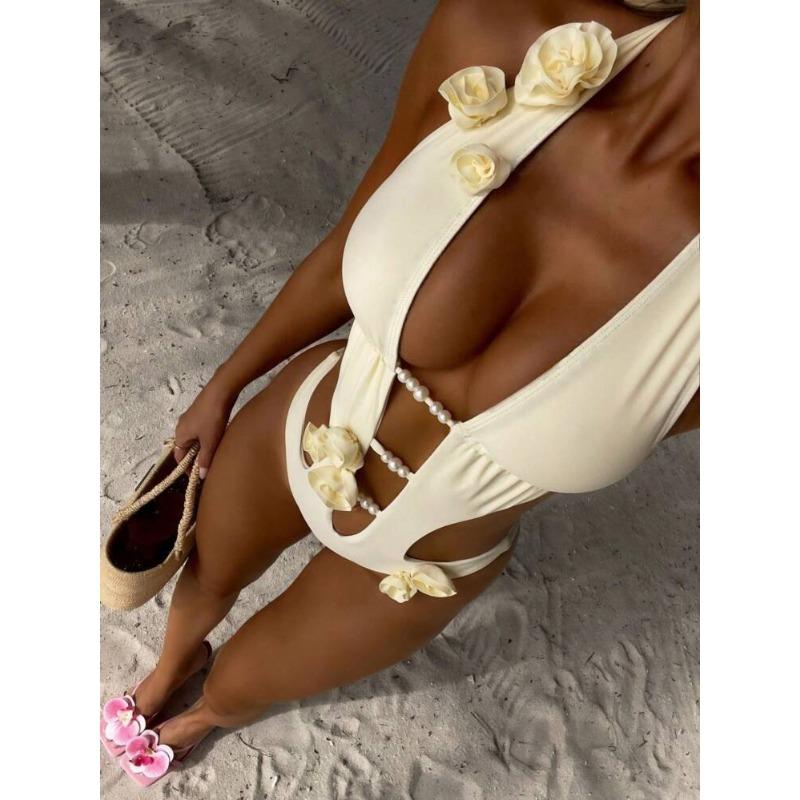 

Новый однотонный купальник-монокини с вырезом на шее, трехмерным цветком и жемчугом, с нагрудными вкладышами, женский сексуальный комплект XL