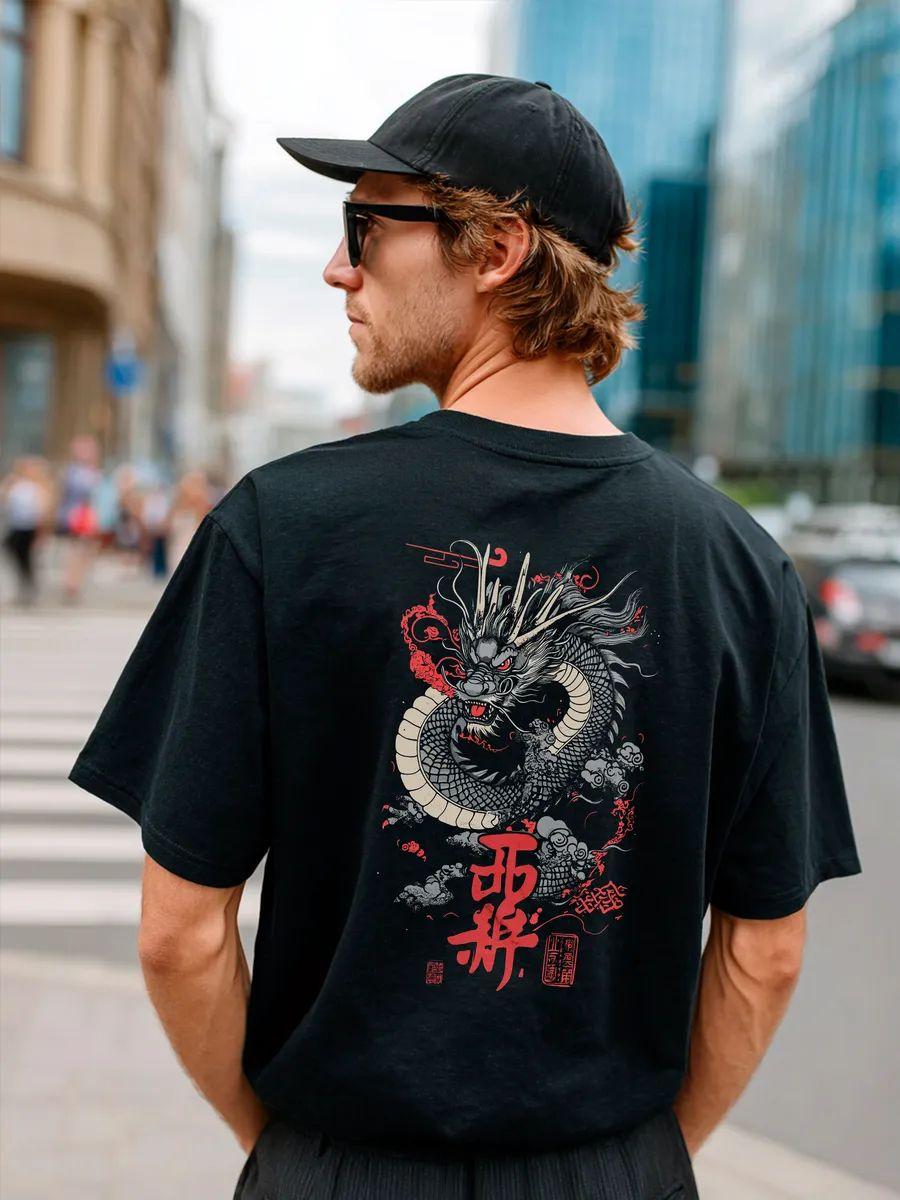 Oversized T‑shirt with black dragon print XL