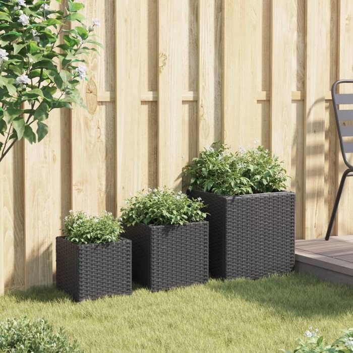 VidaXL Jardinières d'extérieur 3 pcs noir résine tressée, jardinière d'extérieur, bac à fleurs, bac à tomates, jardinière de 366395