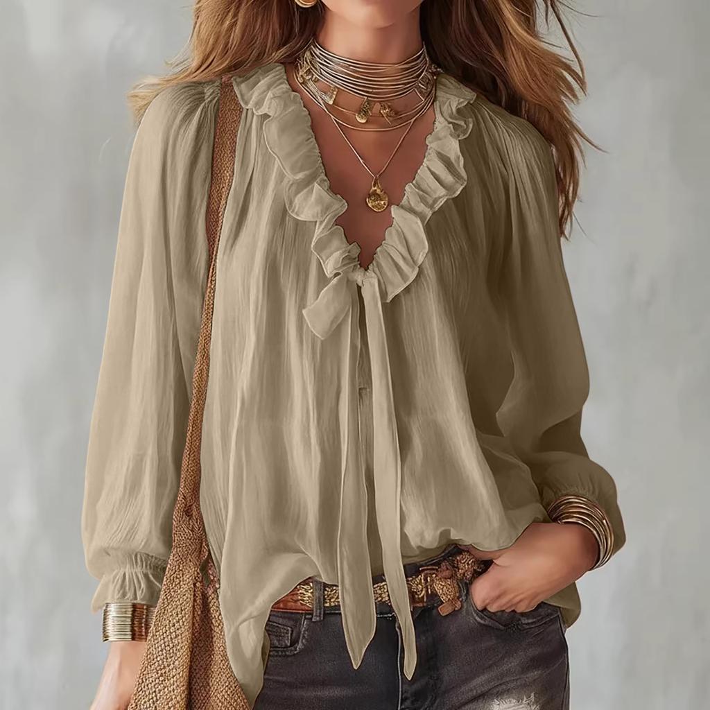 Women's  Fashionable Color V-neck Long Sleeved Tied Loose Shirt Top