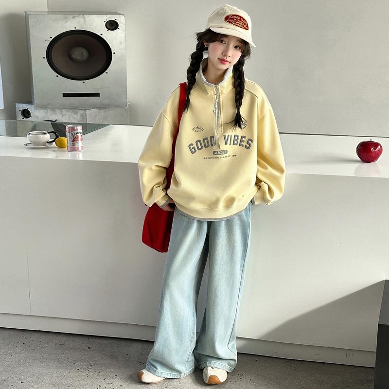 Korean Style Half-Zip Stand Collar Girls' Hoodie - Spring/Autumn Fashion