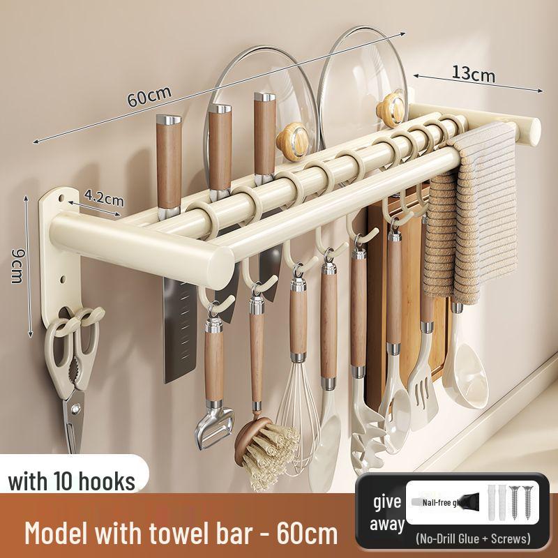 Stainless Steel Wall-Mounted Kitchen Hook & Pot Lid Rack with Knife Holder.