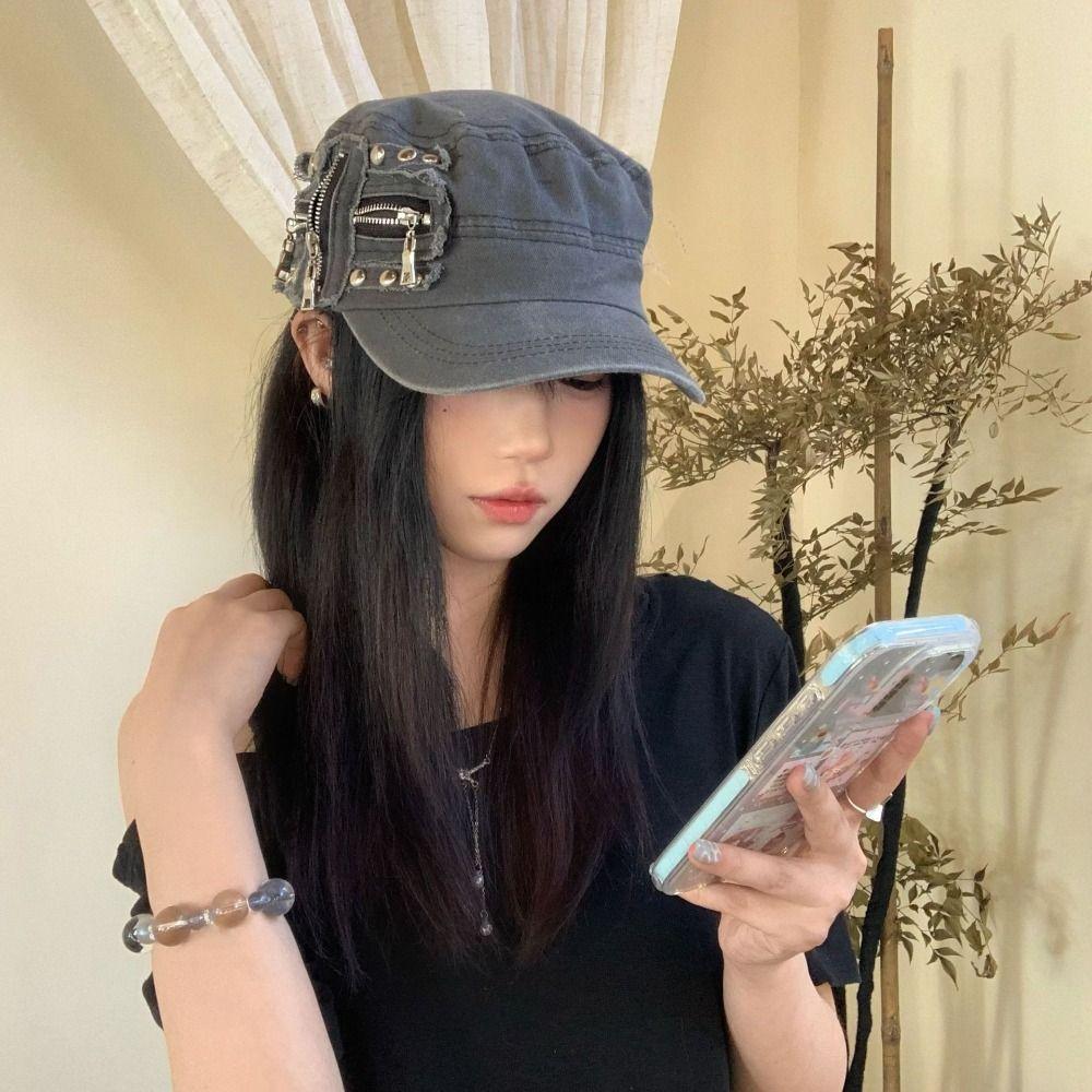Zippers Metal Rivet Flat Top Hat Y2k Newsboy Cap Fashion Equestrian Hat Autumn