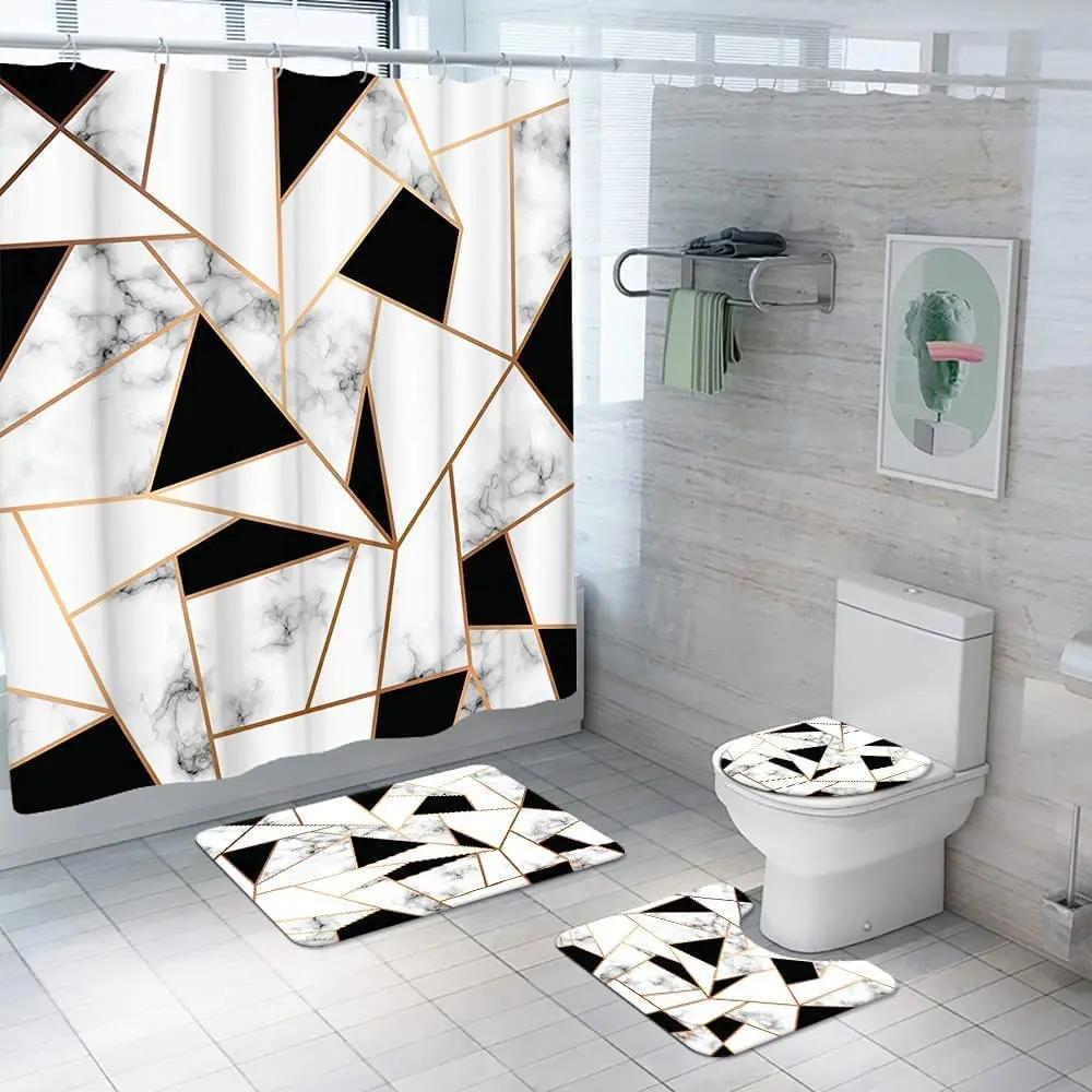 Rideau de douche et set de tapis de bain imprimé marbre géométrique Tapis doux Tapis antidérapant Couvercle de lunette de toilettes Rideau de salle de bain Décoration d'intérieur moderne