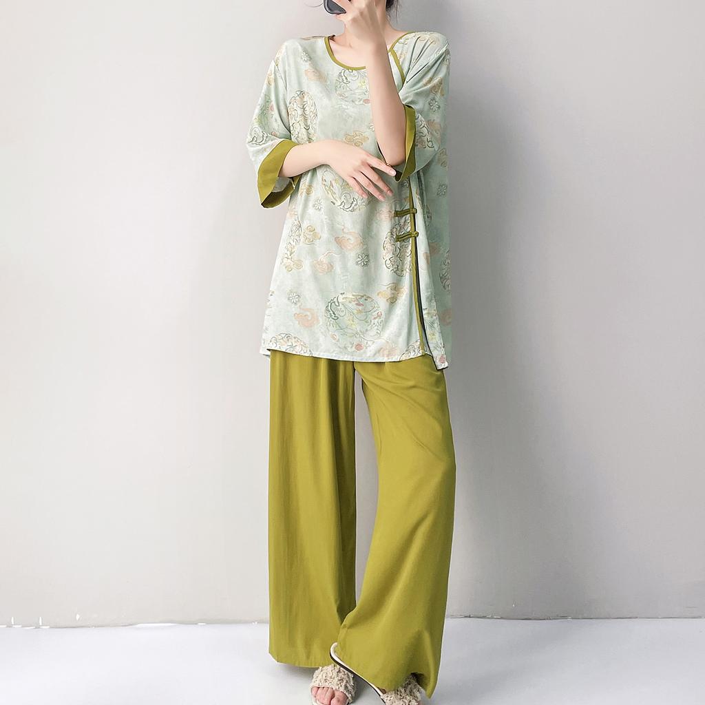 Improved Hanfu cotton and silk pajamas women's spring and summer thin printing can be worn outside loungewear loose high-end cotton silk suit