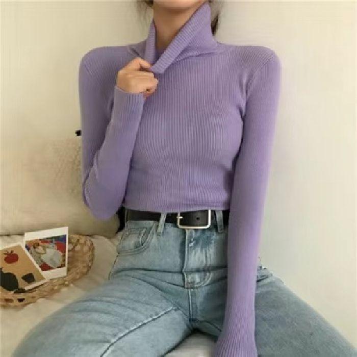 26/5000 Autumn and Winter High-neck Sweater, Women's Slimming Short Thickened Pullover Top, Stylish Long-sleeved Knitted Base Layer