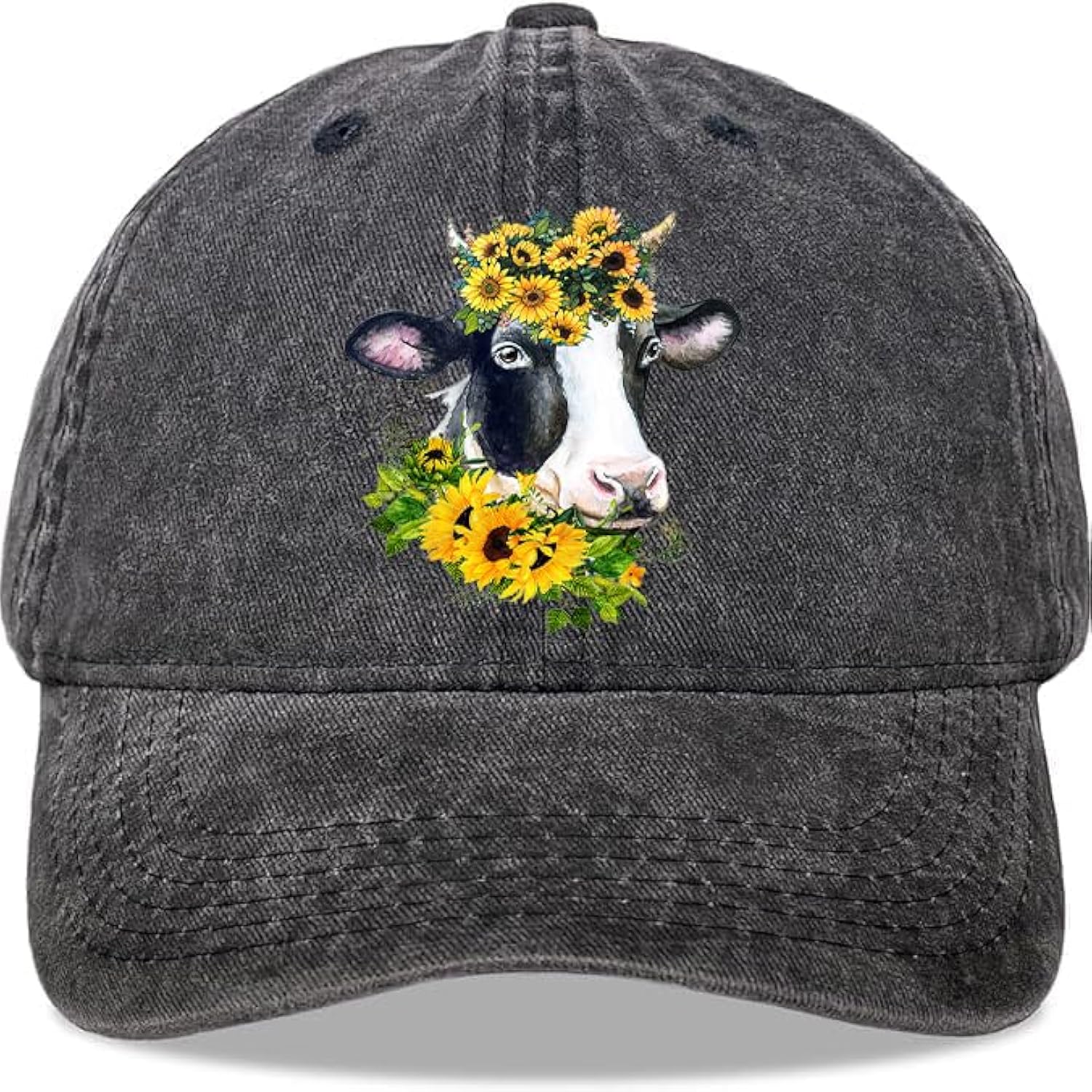 Корова Подсолнух Цветочный Бейсболка Винтажный Стиранный Деним Регулируемая Повседневная Шляпа Унисекс Взрослый One Size