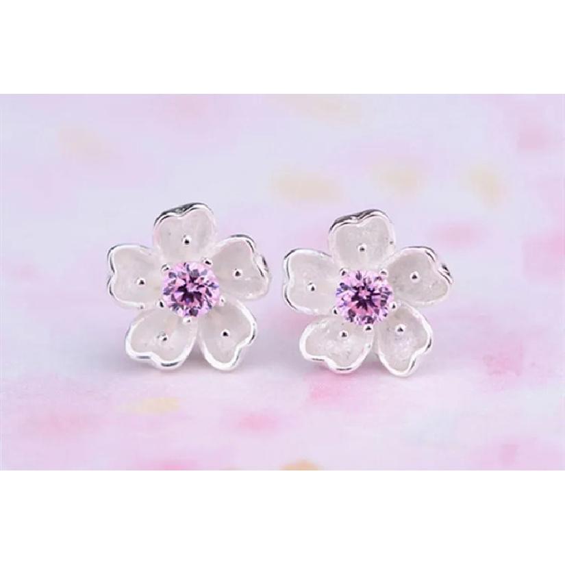 Jewelry Sterling Silver Earrings Cherry Blossom Inlaid Pink Zirconia Ear Studs Simple And Popular Earrings For Women