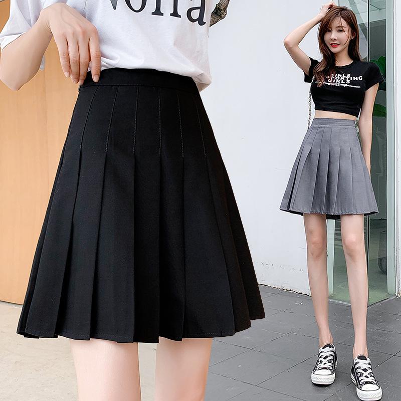 2024 Nová dámská sukně s vysokým pasem, jednobarevná, áčkového střihu, plisovaná, nadměrná velikost, střední délky, zeštíhlující, akademický styl