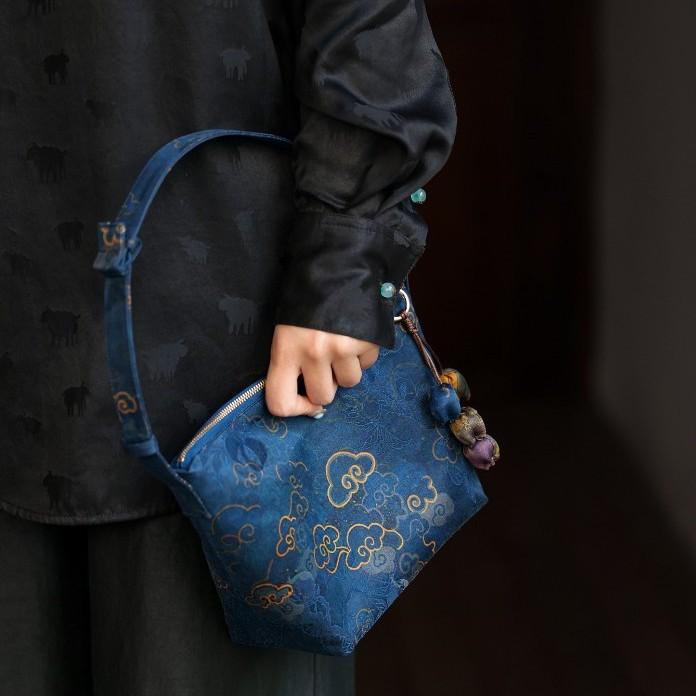 Original Xiangyunsha Shoulder Bag - Song Brocade Retro Lunch Box Purse,  Chinese Style Minimalist Designer Handbag